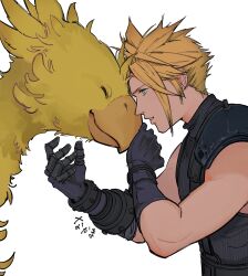 Rule 34 | 1boy, absurdres, animal, armor, belt, black gloves, black sweater, blonde hair, blue eyes, chocobo, closed eyes, cloud strife, commentary, earrings, final fantasy, final fantasy vii, final fantasy vii remake, forehead-to-forehead, from side, gloves, hands up, happy, heads together, highres, jewelry, leaning forward, light smile, male focus, muscular, muscular male, parted lips, pauldrons, sanuki uudon3, short hair, shoulder armor, signature, simple background, single pauldron, sleeveless, sleeveless sweater, sleeveless turtleneck, spiked hair, stud earrings, suspenders, sweater, turtleneck, turtleneck sweater, upper body, white background, yellow bird