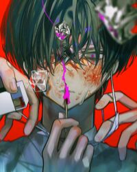 Rule 34 | 1boy, 2others, bags under eyes, black hair, blood, blood on face, blurry, blurry foreground, commentary request, fire, grey eyes, grey shirt, hair over one eye, half-closed eyes, hand up, highres, holding matchstick, ice, ice cube, looking at object, male focus, mask, mask pull, matchbox, mouth mask, multiple others, nanana14, original, out of frame, parted lips, pink fire, pink pupils, portrait, red background, scratches, shirt, short hair, simple background, solo focus, surgical mask, sweat, translation request