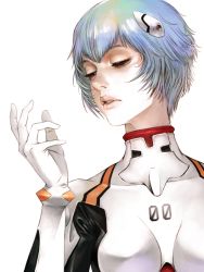 Rule 34 | 1girl, ayanami rei, blue hair, bodysuit, bracer, breasts, gloves, hair ornament, half-closed eyes, interface headset, lips, looking down, neon genesis evangelion, pale skin, parted lips, pilot suit, plugsuit, realistic, red eyes, short hair, simple background, small breasts, solo, tahra, turtleneck, upper body, white background