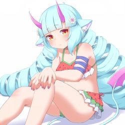 Rule 34 | 1girl, :&lt;, ahoge, animal ear fluff, animal ears, bare shoulders, bikini, blue hair, blunt bangs, breasts, cleavage, closed mouth, collarbone, delmin (show by rock!!), drill hair, facing away, fingernails, food print, hair ornament, highres, hinotama (hinotama422), horns, light blue hair, long hair, looking at viewer, multicolored eyes, nail polish, orange eyes, pink horns, pink nails, shadow, show by rock!!, simple background, sitting, solo, swimsuit, tail, very long hair, watermelon print, white background, yellow eyes