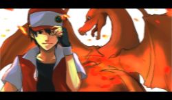 Rule 34 | 1boy, :|, baseball cap, black eyes, black hair, charizard, closed mouth, creatures (company), dragon, fire, flame-tipped tail, game freak, gen 1 pokemon, hand on headwear, hat, letterboxed, male focus, nintendo, pokemon, pokemon (creature), red (pokemon), screencap, taoru (t kiji)