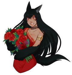 Rule 34 | 1girl, :d, alternate costume, animal ears, animal hands, anubis (monster girl encyclopedia), armlet, belt collar, black fur, black hair, blush, bouquet, breasts, collar, cropped legs, dark-skinned female, dark skin, dress, flower, flower request, highres, jewelry, large breasts, long hair, manosdetrapo, monster girl, monster girl encyclopedia, open mouth, pink lips, red dress, red flower, red rose, rose, simple background, single bare shoulder, slit pupils, smile, solo, tail, transparent background, wolf ears, wolf tail