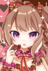 Rule 34 | 1girl, blush, bow, brown hair, candy, character request, chocolate, chocolate heart, choker, earrings, food, frilled choker, frills, hair bow, hair ribbon, heart, highres, holding, holding chocolate, holding food, jewelry, long hair, looking at viewer, ongeki, open mouth, pink background, purple eyes, ribbon, saotome ayaka, solo, strapless, u amy1207, upper body, valentine, wrist cuffs