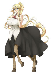 Rule 34 | 10s, 1girl, animal ears, ascot, bare shoulders, blonde hair, blue eyes, blush, breasts, centaur, centorea shianus, full body, hands on own chest, horse ears, horse tail, huge breasts, long hair, looking at viewer, monster girl, monster musume no iru nichijou, multiple legs, pas (paxiti), pointy ears, ponytail, ribbed shirt, shirt, simple background, sleeveless, solo, tail, taur, very long hair, white background