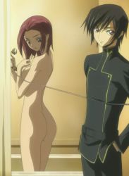 Rule 34 | 00s, 1boy, 1girl, angry, ass, bare back, bathroom, breasts, clothed male nude female, clothed on nude, clumsy, code geass, couple, hip focus, kouzuki kallen, legs, lelouch vi britannia, mixed-sex bathing, nude, phone, school uniform, screencap, shared bathing, showering, sideboob, stitched, third-party edit, uniform