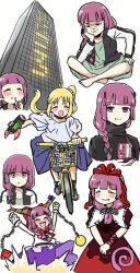 Rule 34 | 2girls, = =, alcohol carton, barefoot, bicycle, black jacket, blonde hair, blue skirt, blush, bocchi the rock!, bow, braid, braided ponytail, can, chain, closed eyes, closed mouth, cosplay, dress, drinking, earrings, fang, fang out, green dress, hair bow, highres, hiroi kikuri, holding, holding can, horns, ibuki suika, ibuki suika (cosplay), ijichi nijika, jacket, jewelry, kagiyama hina, kagiyama hina (cosplay), long hair, looking at viewer, monster energy, multiple girls, nervous sweating, open clothes, open jacket, open mouth, parody request, purple eyes, purple hair, red dress, riding, riding bicycle, ringed eyes, shaded face, short sleeves, skirt, smile, sweat, telekinesis, torako (toramaru), touhou, turtleneck, white skirt