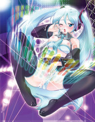 Rule 34 | 1girl, anko koubou, aqua hair, bad id, bad pixiv id, blush, bra, bra pull, breasts, censored, clothes pull, clothing aside, detached sleeves, female masturbation, hatsune miku, lingerie, masturbation, medium breasts, necktie, nipples, one eye closed, panties, panties aside, skirt, solo, striped clothes, striped panties, thighhighs, twintails, underwear, vocaloid, wink