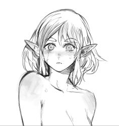 Rule 34 | 1girl, blush, closed mouth, collarbone, greyscale, highres, looking at viewer, medium hair, monochrome, nintendo, nude, pointy ears, princess zelda, simple background, solo, the legend of zelda, upper body, white background, yourfreakyneighbourh