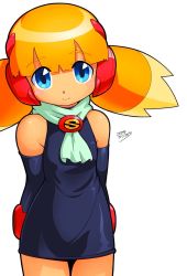 Rule 34 | 1girl, android, arms behind back, bare shoulders, blonde hair, blue eyes, blush stickers, call (mighty no. 9), call h, child, detached sleeves, dress, eyes visible through hair, highres, mighty no. 9, simple background, solo, twintails, white background