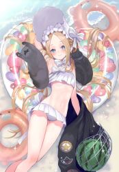 Rule 34 | 1girl, abigail williams (fate), abigail williams (swimsuit foreigner) (fate), abigail williams (swimsuit foreigner) (third ascension) (fate), absurdres, animal, arm behind head, armpits, bare shoulders, bikini, bikini skirt, black jacket, blonde hair, blue eyes, blush, bonnet, bow, breasts, cat, closed mouth, fate/grand order, fate (series), food, forehead, fruit, hair bow, highres, holding, innertube, jacket, long hair, looking at viewer, lying, navel, on back, parted bangs, scan, sidelocks, simple background, skirt, small breasts, smile, solo, stomach, suzuho hotaru, swim ring, swimsuit, thighs, twintails, very long hair, water, watermelon, white bikini, white bow, white headwear