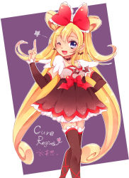 Rule 34 | 1girl, alternate costume, alternate universe, arm warmers, bat (animal), black thighhighs, blonde hair, blue eyes, bow, brooch, character name, choker, curly hair, dokidoki! precure, dress, earrings, english text, hair bow, hand on own hip, heart, jewelry, long hair, magical girl, one eye closed, open mouth, precure, red ribbon, regina (dokidoki! precure), ribbon, smile, thighhighs, uzuki aki
