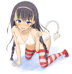Rule 34 | 1girl, all fours, black hair, blush, braid, breasts, covered erect nipples, green eyes, lessar, long hair, looking at viewer, multicolored hair, one-piece swimsuit, open mouth, p-tana, see-through, small breasts, smile, solo, striped clothes, striped thighhighs, swimsuit, tail, thighhighs, toaru majutsu no index, very long hair