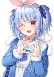 Rule 34 | 1girl, ;d, belt, blue hair, blue jacket, choker, dress, food-themed hair ornament, fur-trimmed jacket, fur trim, hair ornament, hair ribbon, heart, heart hands, highres, hololive, hoshino reiji, jacket, looking at viewer, medium hair, multicolored hair, one eye closed, open clothes, open jacket, open mouth, red eyes, ribbon, simple background, smile, solo, streaked hair, thick eyebrows, two side up, usada pekora, usada pekora (casual), virtual youtuber, white background, white belt, white choker, white dress, white hair
