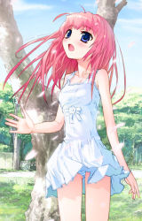 Rule 34 | 1girl, blue eyes, blue panties, blush, cherry blossoms, clothes lift, collarbone, day, dress, dress lift, long hair, open mouth, panties, pantyshot, pink hair, red hair, skirt, solo, standing, striped clothes, striped panties, sundress, underwear, upskirt, white dress, white skirt