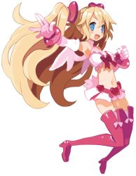 Rule 34 | 1girl, :d, blonde hair, blue eyes, blush, boots, bow, bracelet, crop top, disgaea, disgaea d2, elbow gloves, flonne, full body, gloves, hair ornament, halterneck, harada takehito, heart, heart hair ornament, jewelry, jumping, long hair, magical girl, midriff, miniskirt, multicolored eyes, navel, official art, open mouth, outstretched arm, pink bow, pink eyes, pink footwear, pink thighhighs, pure flonne, skirt, smile, solo, thigh boots, thighhighs, twintails, very long hair, white background