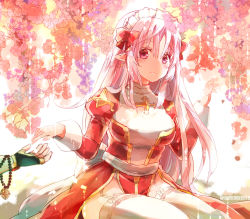 Rule 34 | 1boy, 1girl, beads, black gloves, blush, bow, breasts, closed mouth, commentary, cowboy shot, cross, dress, eon (greencastle), fingerless gloves, flower, garter straps, gloves, hair between eyes, hairband, high priest (ragnarok online), juliet sleeves, lace, lace-trimmed legwear, lace trim, large breasts, long hair, long sleeves, looking at viewer, monk (ragnarok online), no panties, out of frame, pink eyes, pink flower, pink hair, pointy ears, prayer beads, puffy sleeves, ragnarok online, red dress, sash, smile, solo focus, thighhighs, two-tone dress, waist bow, white bow, white dress, white hairband, white sash, white thighhighs