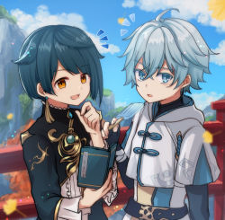 Rule 34 | 2boys, ahoge, blue eyes, blue hair, blush, book, cha0198, chinese clothes, chongyun (genshin impact), cloud, cloudy sky, commentary request, day, earrings, fingerless gloves, food, frilled shirt collar, frilled sleeves, frills, genshin impact, ginkgo leaf, gloves, hair between eyes, holding, holding book, holding food, hood, hood down, hooded jacket, jacket, jewelry, leaf, long sleeves, looking at viewer, male focus, mountain, multiple boys, notice lines, open book, open mouth, outdoors, popsicle, railing, short hair, single earring, sky, smile, tassel, tassel earrings, xingqiu (genshin impact), yellow eyes