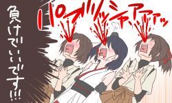 Rule 34 | 10s, 3girls, bad id, bad pixiv id, bare shoulders, black hair, blood, blood from mouth, blush, brown hair, detached sleeves, excessive nosebleed, hair ornament, heart attack, hyuuga (kancolle), ise (kancolle), kantai collection, long hair, multiple girls, nosebleed, open mouth, ponytail, short hair, udon (shiratama), yamashiro (kancolle)
