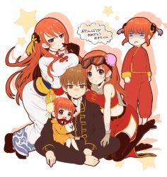 Rule 34 | 1boy, 4girls, barefoot, blue eyes, breasts, brown hair, chawa (chawawa), chinese clothes, disgust, gintama, japanese clothes, kagura (gintama), leaning on person, long hair, looking at another, looking at viewer, multiple girls, multiple persona, okita sougo, aged up, on lap, red eyes, red hair, short hair, sitting, smile, translation request, unamused, aged down