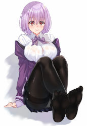 Rule 34 | 10s, 1girl, black pantyhose, black skirt, blush, bow, breasts, crossed ankles, feet, foreshortening, gridman universe, highres, jacket, knees up, large breasts, light purple hair, long sleeves, looking at viewer, muka tsuku, no shoes, off shoulder, panties, pantyhose, pantyshot, pleated skirt, purple bow, purple jacket, purple neckwear, red eyes, school uniform, shinjou akane, shirt, short hair, simple background, sitting, skirt, smile, soles, solo, ssss.gridman, thighband pantyhose, toes, underwear, wet, wet clothes, white background, white shirt