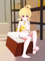 Rule 34 | 1girl, absurdres, ahoge, bare legs, bare shoulders, barefoot, blonde hair, blue archive, blurry, blush, curly crow, depth of field, feet, highres, kotori (blue archive), kotori (cheer squad) (blue archive), red eyes, sitting, solo