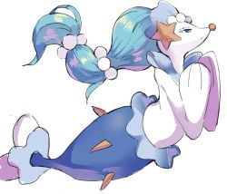 Rule 34 | aquna, blue eyes, blue hair, closed mouth, commentary request, from side, full body, gen 7 pokemon, hair bobbles, hair ornament, long hair, no humans, pokemon, pokemon (creature), primarina, simple background, solo, very long hair, white background