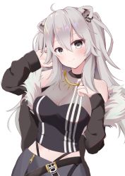 Rule 34 | 1girl, absurdres, ahoge, animal ears, bare shoulders, breasts, cleavage, closed mouth, fur-trimmed jacket, fur trim, grey eyes, grey hair, hair between eyes, highres, hololive, jacket, jewelry, kirikaze ren, large breasts, lion ears, lion girl, long hair, looking at viewer, navel, necklace, see-through, see-through cleavage, shirt, shishiro botan, shishiro botan (1st costume), simple background, smile, solo, virtual youtuber, white background