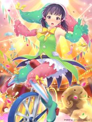 Rule 34 | 10s, 1girl, 2011, 2013, :o, akiyama minaki, armpits, asymmetrical footwear, balancing, black eyes, black hair, blouse, blush, boots, bow, brown eyes, capri pants, circus, clown, colorful, company name, confetti, copyright name, copyright notice, crescent, crowd, detached sleeves, elephant, flag, green shirt, hair bobbles, hair ornament, hat, holding, holding umbrella, ilog, indoors, jester cap, juggling, light rays, looking at viewer, miniskirt, mismatched footwear, multicolored clothes, multicolored pants, multicolored stripes, nose blush, occhan (11715), official art, open mouth, outstretched arms, pants, pantyhose, pennant, print headwear, riding, shirt, short twintails, skirt, sleeveless, solo focus, spaghetti strap, spread arms, star (symbol), star print, string of flags, striped clothes, striped legwear, striped pantyhose, twintails, umbrella, vertical-striped clothes, vertical-striped legwear, vertical-striped pantyhose, watermark, white skirt, yellow bow