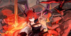 Rule 34 | 1girl, absurdres, arknights, bare shoulders, black dress, collar, demon girl, demon horns, dress, gyoukan (jfxc), highres, holding, holding weapon, horns, jacket, long hair, looking at viewer, purple eyes, red hair, surtr (arknights), weapon