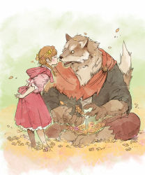 Rule 34 | 1girl, arms behind back, big bad wolf, blush, braid, brown hair, closed eyes, flower, fuji q, furry, furry male, furry with non-furry, head wreath, interspecies, little red riding hood, little red riding hood (grimm), original, sitting, surprised, twin braids, wolf