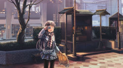 Rule 34 | 1girl, bag, brown hair, camera, fo~do, long hair, one eye closed, original, pantyhose, real world location, scarf, scenery, shrine, skirt, solo, striped clothes, striped scarf, urban, wink
