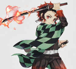 Rule 34 | 1boy, bad id, bad pixiv id, belt, black hair, earrings, fire, flaming sword, flaming weapon, grey background, haori, japanese clothes, jewelry, kamado tanjirou, katana, kimetsu no yaiba, looking at viewer, male focus, red eyes, red hair, scabbard, scar, scar on face, scar on forehead, sheath, short hair, smile, solo, sword, uniform, upper body, weapon, wide sleeves