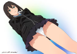Rule 34 | 1girl, arms behind back, artist name, baba arumi, black cardigan, black hair, black skirt, blue neckwear, cameltoe, cardigan, commentary, crotch seam, dated, dress shirt, dutch angle, green eyes, green neckwear, idolmaster, idolmaster cinderella girls, long hair, looking at viewer, miniskirt, panties, parted lips, pleated skirt, school uniform, shibuya rin, shirt, signature, skirt, solo, standing, striped neckwear, underwear, upskirt, white panties, white shirt, wing collar