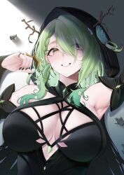 Rule 34 | 1girl, absurdres, alternate costume, antlers, armpits, black dress, black nails, black sleeves, braid, branch, breasts, ceres fauna, cleavage, detached sleeves, dress, flower, green eyes, green hair, grey hair, hair between eyes, hair flower, hair ornament, hair over one eye, highres, hololive, hololive english, horns, jewelry, large breasts, long hair, looking at viewer, lying, mintz912, mole, mole under eye, multiple rings, nail polish, on back, ring, side braid, single braid, tree horns, veil, very long hair, virtual youtuber