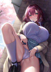 Rule 34 | 1girl, black footwear, blush, breasts, brown coat, cherry blossoms, closed mouth, clothes lift, coat, collared shirt, commentary request, fingernails, green eyes, hair ornament, highres, ken ill, kneehighs, large breasts, long fingernails, long sleeves, open clothes, open coat, original, outdoors, panties, partially visible vulva, purple hair, shirt, shirt tucked in, skirt, skirt lift, smile, socks, solo, thighs, underwear, white panties, white shirt, white socks