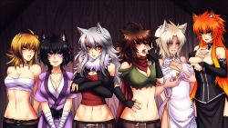 Rule 34 | 6+girls, animal ears, aurora (deathblight), bare shoulders, belt, black hair, blonde hair, breasts, brown hair, cape, catheline (deathblight), cheetah girl, chiira (deathblight), china dress, chinese clothes, claire (deathblight), cleavage, closed eyes, cloud print, collar, crescentia fortuna, deathblight, dress, elbow gloves, ferania (deathblight), fingernails, fur, gloves, green eyes, groping, japanese clothes, kimono, large breasts, lineup, lips, lipstick, long fingernails, looking at viewer, makeup, midriff, minori (deathblight), multicolored hair, multiple girls, nail polish, navel, orange hair, pelvic curtain, purple eyes, red eyes, sarashi, thighhighs, vest, wall, white hair, wolf girl, wooden wall, yawning, yellow eyes