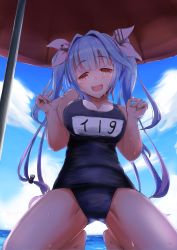 Rule 34 | 1girl, backlighting, beach umbrella, blue hair, blue one-piece swimsuit, blue sky, breasts, character name, cloud, day, fang, from below, hair intakes, hair ribbon, half-closed eyes, head tilt, highres, horizon, i-19 (kancolle), kantai collection, kneeling, large breasts, long hair, looking at viewer, name tag, ocean, one-piece swimsuit, open mouth, outdoors, pov, red eyes, red umbrella, ribbon, school swimsuit, shade, skin fang, sky, solo, star-shaped pupils, star (symbol), swimsuit, symbol-shaped pupils, thighs, tri tails, umbrella, very long hair, yomitsuna