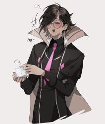 Rule 34 | +++, 1boy, black hair, black shirt, blush, closed eyes, collared shirt, commentary, commentary request, cookie run, cropped torso, cup, dark-skinned male, dark skin, drink, espresso cookie, fang, glasses, hair over one eye, happy, high collar, highres, holding, holding cup, holding drink, holding saucer, humanization, korean commentary, long sleeves, male focus, necktie, one eye covered, open mouth, pink necktie, robe, round eyewear, saucer, shawl, shirt, short hair, simple background, smile, solo, steam, symbol-only commentary, teacup, triangle mouth, upper body, wkfytjcld