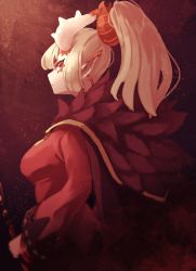 Rule 34 | 1girl, blonde hair, cape, closed mouth, cowboy shot, dress, earrings, eyeshadow, feather trim, from side, highres, hoop earrings, horns, iga (okame nin), jewelry, long hair, long sleeves, looking at viewer, makeup, okame nin, original, pointy ears, ponytail, profile, red dress, red eyes, red theme, solo, spiked horns