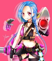 Rule 34 | 1girl, absurdres, blue hair, braid, bullet, highres, jinx (league of legends), league of legends, pink eyes, solo, tattoo, twin braids, weapon