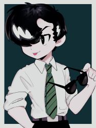 Rule 34 | 1boy, :p, a (poipiku 325815), belt, belt buckle, black eyes, black hair, black pants, blue background, border, buckle, closed mouth, collared shirt, commentary, green necktie, hair over one eye, hand in pocket, holding, holding removed eyewear, looking afar, male focus, necktie, outside border, pants, rock (tezuka osamu), shirt, short hair, sideways glance, sleeves rolled up, smirk, solo, star system, striped necktie, sunglasses, tongue, tongue out, unworn eyewear, v-shaped eyebrows, white border, white shirt