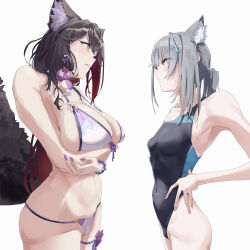 Rule 34 | 2girls, animal ear fluff, animal ears, bad anatomy, bead bracelet, beads, bikini, black hair, black one-piece swimsuit, blue archive, bracelet, breasts, commentary request, crossed arms, fang, fox ears, glaring, grey hair, hair ornament, hairpin, hands on own hips, highres, jewelry, large breasts, long hair, ltotyht, multiple girls, navel, official alternate costume, one-piece swimsuit, purple nails, shiroko (blue archive), shiroko (swimsuit) (blue archive), short ponytail, simple background, skin fang, small breasts, standing, stomach, swimsuit, thigh strap, wakamo (blue archive), wakamo (swimsuit) (blue archive), white background, wolf ears, yellow eyes