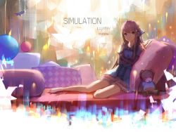 Rule 34 | 1girl, artist name, barefoot, bow, copyright name, dress, highres, light particles, long hair, looking at viewer, hugging object, on bed, pillow, pillow hug, rin (shelter), shelter (song), sishenfan, sitting, solo, stuffed animal, stuffed toy, tablet pc, teddy bear
