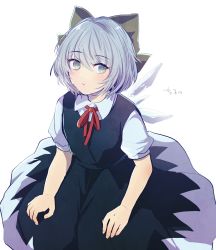 Rule 34 | 1girl, black ribbon, blue dress, blue eyes, blue hair, cirno, dress, expressionless, hair ornament, hair ribbon, highres, ice, ice wings, kuromame (8gou), looking at viewer, ribbon, shirt, short sleeves, solo, touhou, two-tone dress, white background, white dress, white shirt, wings