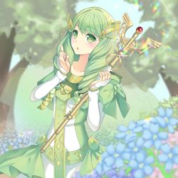 Rule 34 | 1girl, ary fehdqx, bow, dress, fire emblem, fire emblem: three houses, fire emblem cipher, flayn (fire emblem), flower, green eyes, green hair, hair ornament, highres, holding, holding staff, long hair, nintendo, open mouth, outdoors, solo, staff, tree
