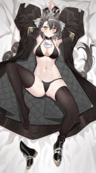 Rule 34 | 1girl, absurdres, animal ears, arknights, armpits, arms up, ascot, asymmetrical bangs, bikini, black bikini, black coat, black collar, black footwear, black hair, black thighhighs, blush, boots, bound, bound wrists, breasts, chinese commentary, cleavage, coat, collar, crossed bangs, cuffs, eyelashes, from above, full body, furrowed brow, hair between eyes, hair ornament, highres, long hair, looking at viewer, lying, makeup, mascara, medium breasts, mole, mole above eye, navel, navel piercing, on back, on bed, open clothes, open coat, parted lips, penance (arknights), piercing, pillow, qianshibu, restrained, shackles, shoes, single shoe, solo, spiked footwear, spread legs, stomach, string bikini, swimsuit, thighhighs, white ascot, wolf ears, yellow eyes