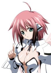 Rule 34 | 1girl, ahoge, angel, angel wings, blush, breasts, brown hair, chain, choker, cleavage, collar, fourth wall, gradient hair, green eyes, highres, ikaros, image sample, large breasts, long hair, looking at viewer, multicolored hair, open mouth, pink hair, pointing, robot ears, solo, sora no otoshimono, transparent background, twintails, wings