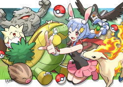 Rule 34 | 1girl, animal ear fluff, animal ears, artist name, bare shoulders, border, braid, braided ponytail, brown eyes, carrot hair ornament, closed eyes, commentary, cosplay, creatures (company), crossover, dawn (pokemon), dawn (pokemon) (cosplay), extra ears, food-themed hair ornament, frilled skirt, frills, game freak, gen 1 pokemon, gen 2 pokemon, gen 4 pokemon, graveler, grotle, hair between eyes, hair ornament, hikosan, hololive, hug, kneeling, long hair, looking at another, multicolored hair, nintendo, one eye closed, open mouth, pink skirt, poke ball, pokemon, pokemon dppt, ponyta, rabbit ears, rabbit girl, red eyes, red scarf, scarf, sidelocks, skirt, solo, swinub, teeth, thick eyebrows, togepi, two-tone hair, upper teeth only, usada pekora, v, virtual youtuber, watch, white border, white hair, wristwatch