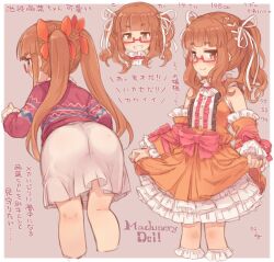 Rule 34 | 1girl, 7010, ass, blunt bangs, border, brown eyes, brown hair, character age, character name, character profile, commentary request, cropped legs, detached sleeves, dress, frilled dress, frills, glasses, grey background, hair ribbon, height, idolmaster, idolmaster cinderella girls, ikebukuro akiha, long hair, measurements, multiple views, orange dress, outside border, pink-framed eyewear, ribbon, semi-rimless eyewear, simple background, sleeveless, sleeveless dress, smile, three sizes, translation request, twintails, under-rim eyewear, weight, white border, white ribbon