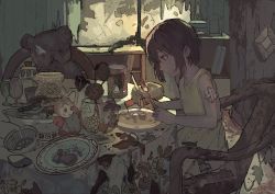 Rule 34 | 1girl, absurdres, bandaged arm, bandages, brown hair, buchi (qooo003), chair, cup, dice, drinking glass, fork, from side, highres, holding, holding fork, holding knife, knife, lotus seeds, messy, mini flag, original, picture frame, plate, sitting, solo, stuffed animal, stuffed toy, tagme, teddy bear, wine glass